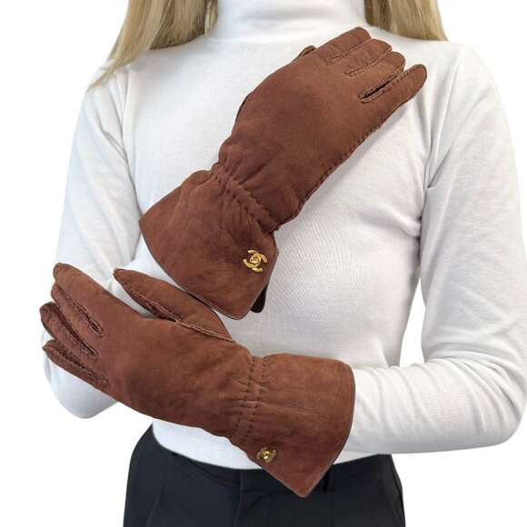 CHANEL Vintage CC Logo Gloves #L Fashion Accessory Brown Gold Suede [105421] - Picture 1 of 9